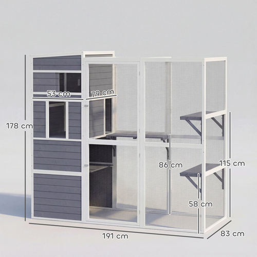 PawHut 4-Tier Wooden Catio Cat Outdoor Enclosure with Sun Roof, Resting Rooms, 3 Platforms, Window Outdoor Indoor, Grey