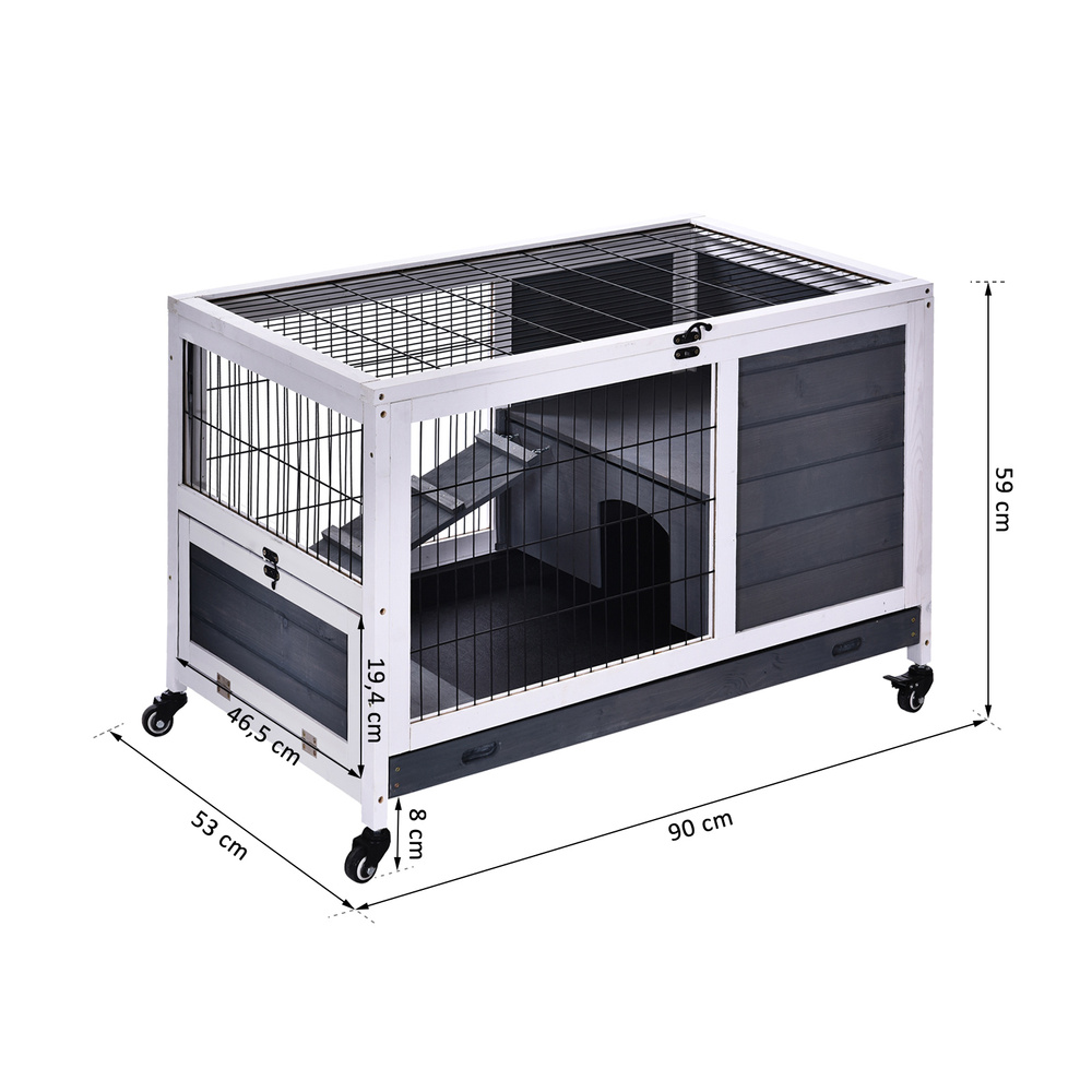 PawHut Rabbits Indoor Fir Wood Lift-Top Hutch Guinea Pigs Hutches-Grey and White
