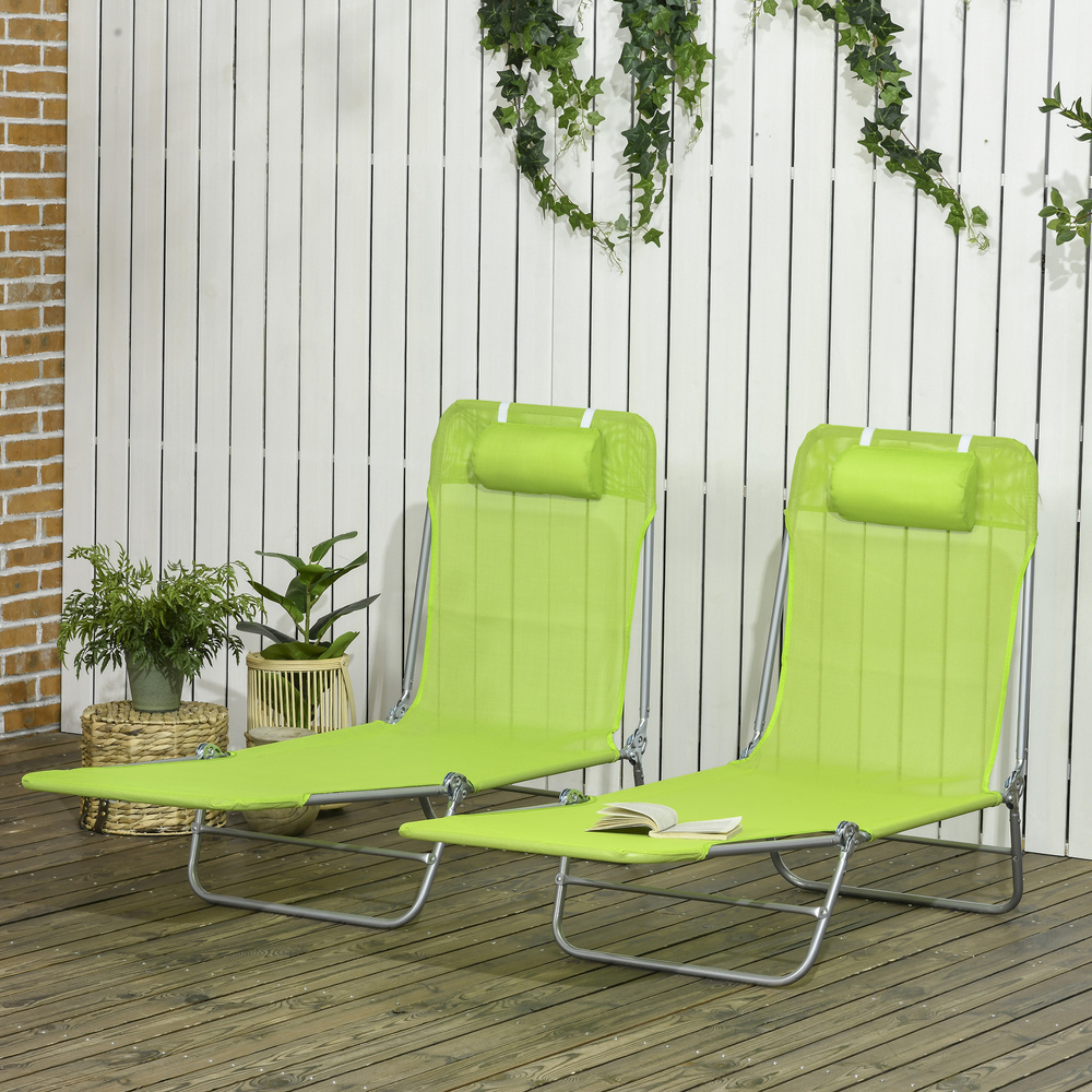 Outsunny Set of Two Steel Frame Sun Loungers, with Reclining Backs - Green