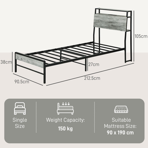 HOMCOM Single Steel Bed Frame, with LED Lights and Shelf - Grey