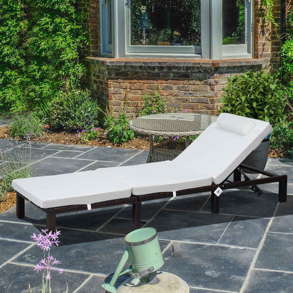 Outsunny Rattan Sun Lounger, 5-Level Adjustable Garden Lounger Recliner with Cushion and Headrest, Outdoor Reclining Sunbed, Steel Frame Garden Chair for Patio, Beach, Terrace, Cream White