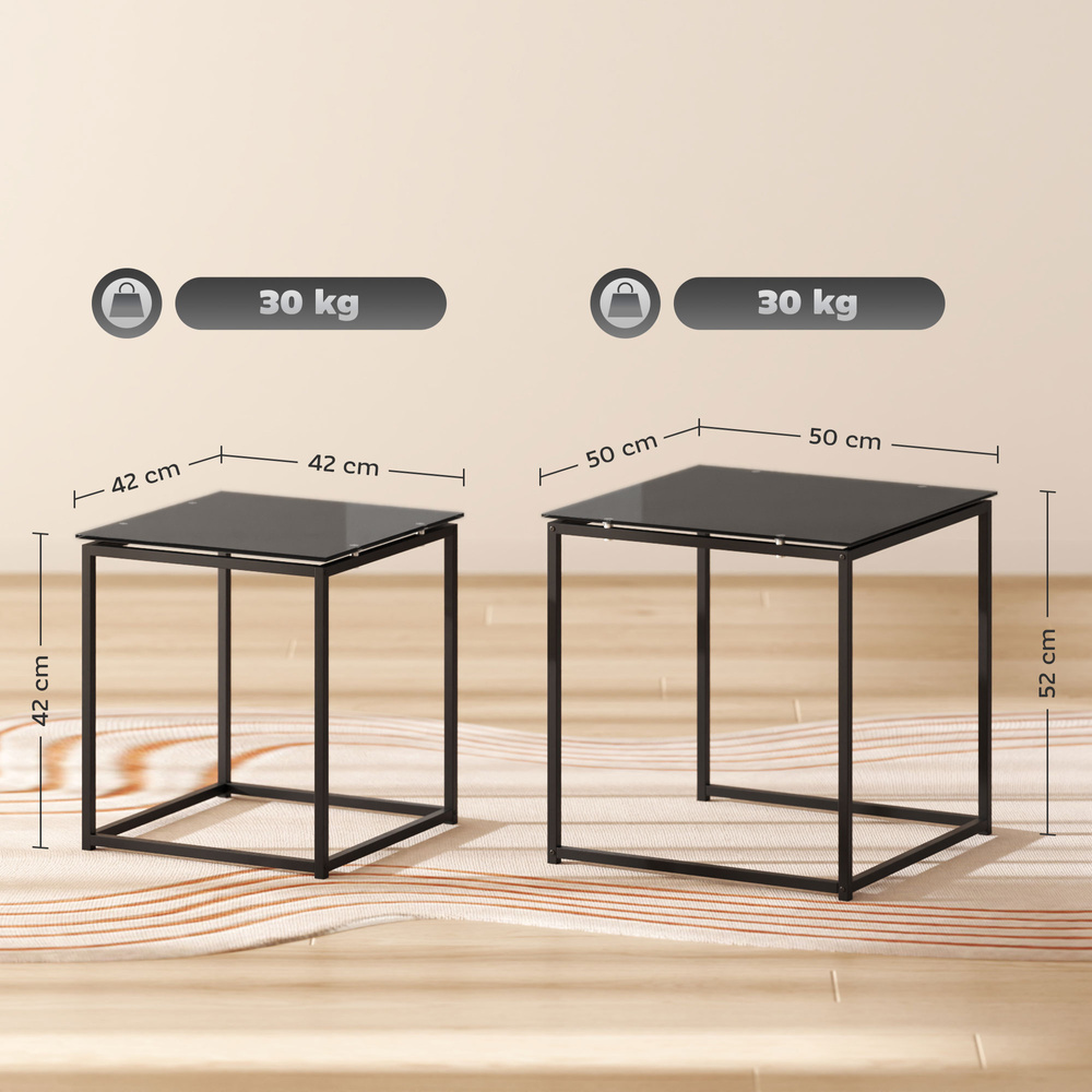 HOMCOM Nest of Tables, Set of 2 Coffee Table, Side Tables with Tempered Glass Desktop and Metal Frame for Living Room, Bedroom, Office, Black