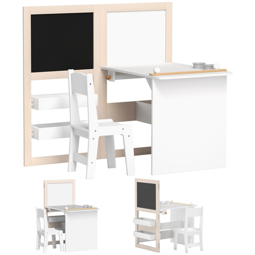 AIYAPLAY 3 in 1 Kids Table and Chair Set with Storage, Whiteboard, Blackboard & Roll Paper for 3-8 Years, White