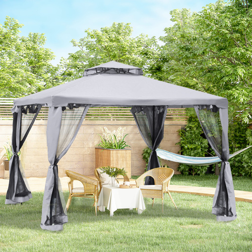 Outsunny 3 x 3 m Metal Gazebo, Garden Pavillion, Double Roof Outdoor Canopy Shelter with Mesh Sidewalls, Grey