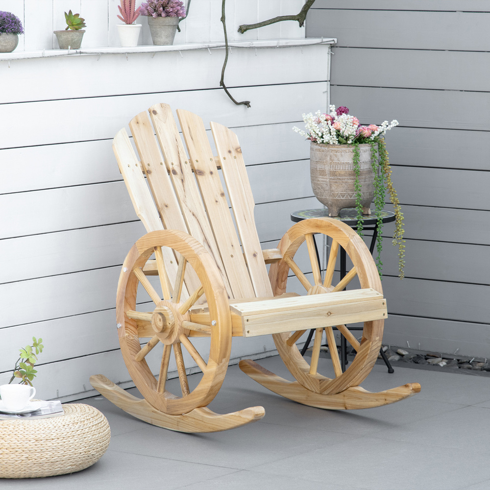 Outsunny Wooden Adirondack Rocking Chair Reclining Armchair Outdoor Garden Furniture Patio Porch Rocker - Natural