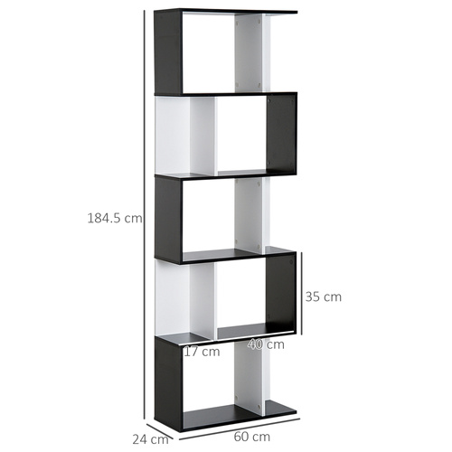 HOMCOM Bookcase, S-Shaped Wooden Bookshelf, 5/6 Tiers Freestanding Storage Shelf, Home Office Decorative Display Stand Rack, Black and White, 24D x 60W x 184.5H