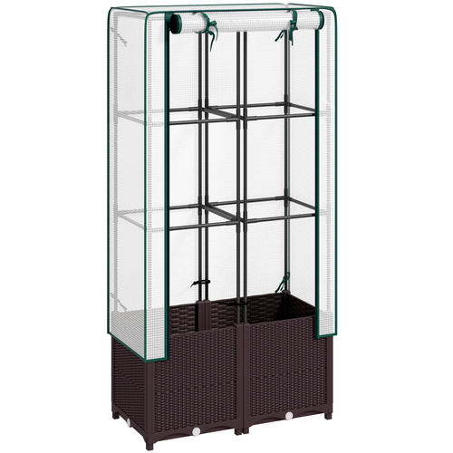 Outsunny Raised Garden Bed with Trellis, Plastic Planter Box with PE Cover, Drainage Holes, Drain Plugs and Water Reservoirs for Climbing Plants, Vegetables, Flowers, 80 x 40 x 140 cm