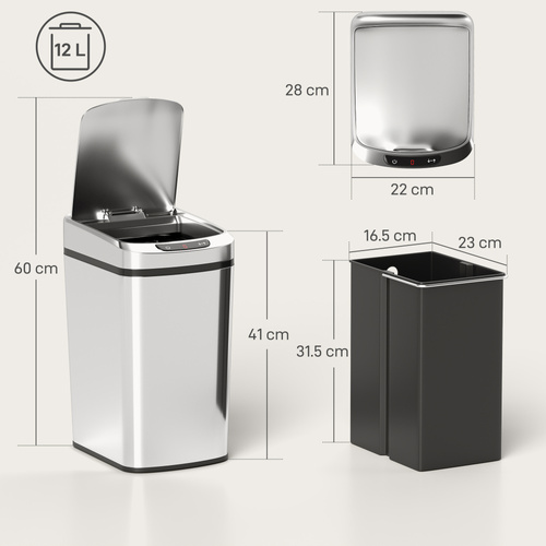 HOMCOM 12L Sensor Bin, Automatic Touchless Motion Sensor Kitchen Bin with Fingerprint Resistant Stainless Steel, Silver
