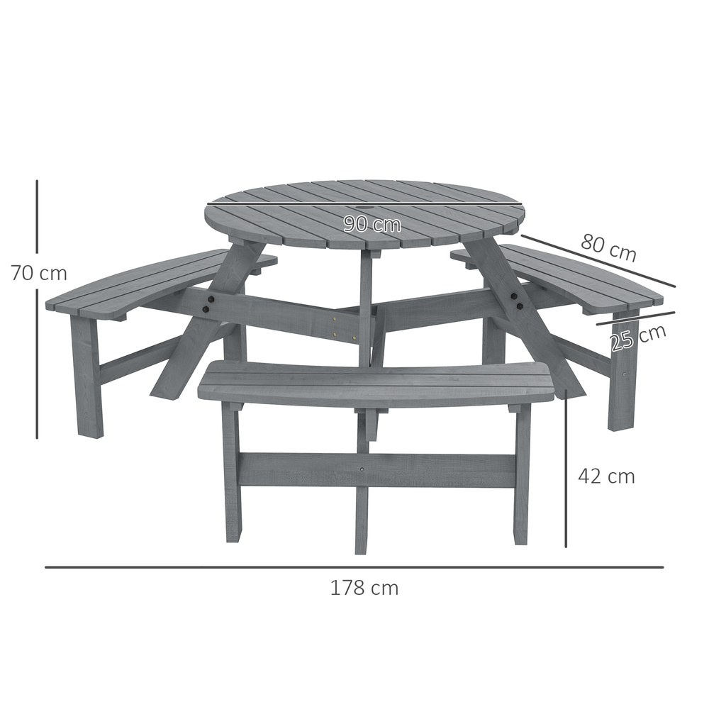 Outsunny 6 Seater Wooden Picnic Table and Garden Benches Set, Round Garden Dining Set with 3 Benches and Umbrella Hole Outdoor Garden Park, Grey