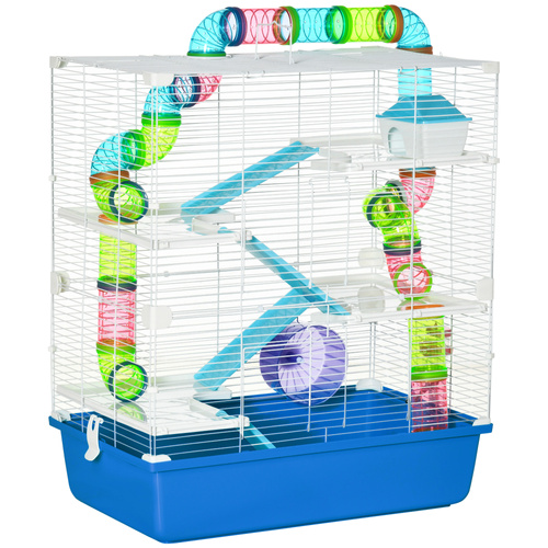 PawHut 5 Tier Hamster Cage, Gerbil Cage with Exercise Wheel, Feeder Bowl, Tube, Water Bottle, 59L x 36W x 69H cm - Blue