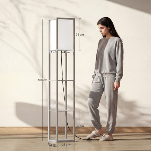 HOMCOM 3-Tier Floor Lamp, Floor Light with Storage Shelf, Reading Standing Lamp with Acrylic Shade for Living Room, Bedroom, Kitchen, Dining Room, Office, Dorm, 160cm, Grey