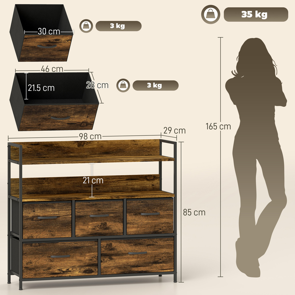 HOMCOM Rustic Chest of Five Fabric Drawers - Rustic Brown