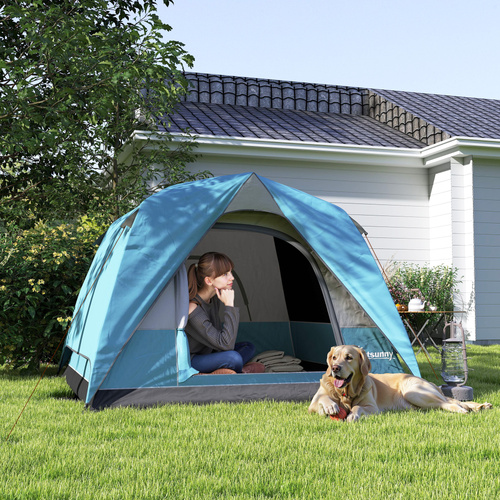 Outsunny 3-4 Person Camping Tent, Easy Set Up Waterproof Dome Tent with Sewn-in Groundsheet, Mesh Windows, Pocket and Hook for Camping, Hiking, Backpacking, Navy Blue and Light Blue