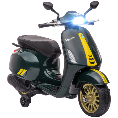 AIYAPLAY 12V Vespa Licensed Kids Electric Motorbike w/ Music, Lights, FM Radio, for 3-6 Years - Green