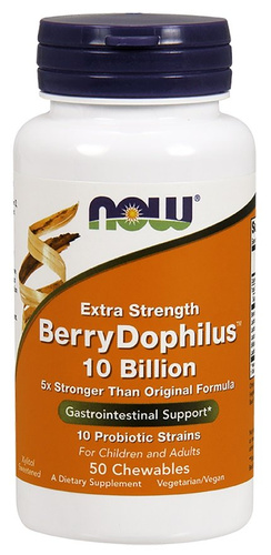 NOW Foods BerryDophilus Extra Strength 10 Miliardów Probiotyk do Żucia dla Dzieci i Dorosłych 50 Tabletek do Żucia