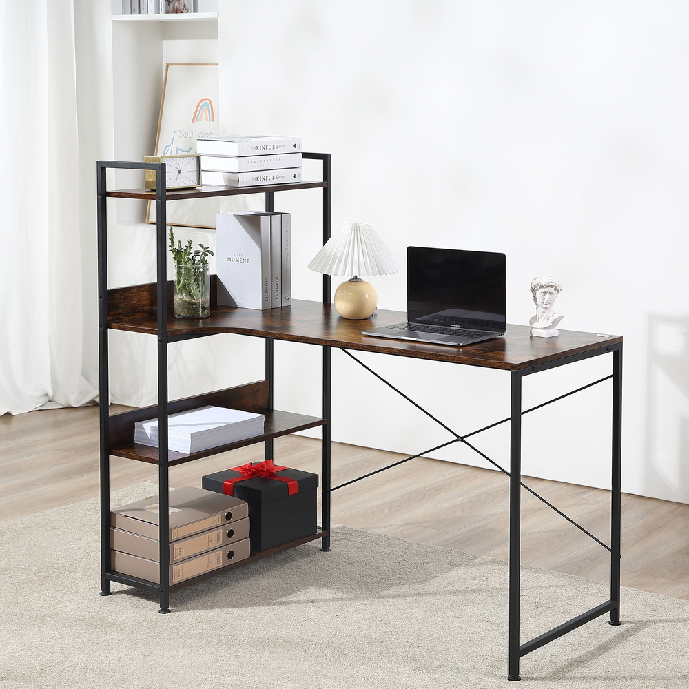 HOMCOM Office Desk with Storage Shelves, 120 CM Computer Desk, Industrial Study Table with Metal Frame for Home Office Small Space, Rustic Brown