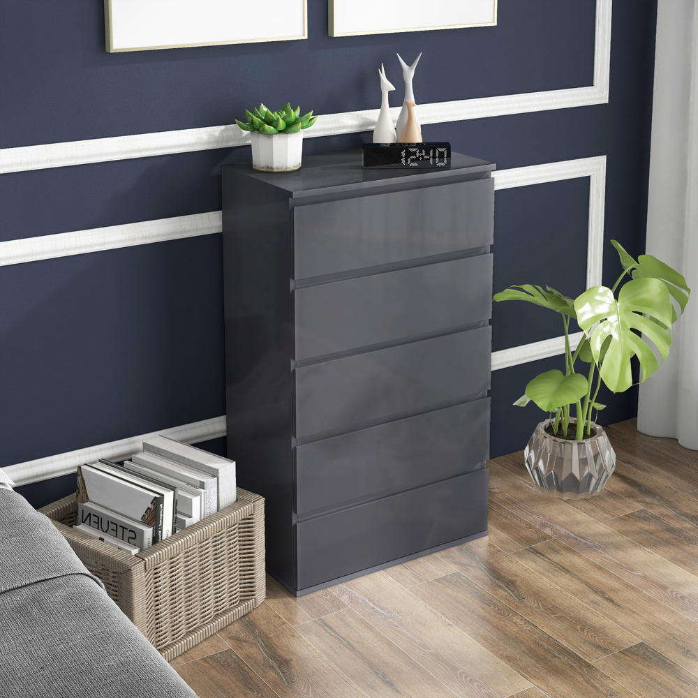HOMCOM 5-Drawer Modern Dresser, High Gloss Storage Drawer Unit for Bedroom, Grey