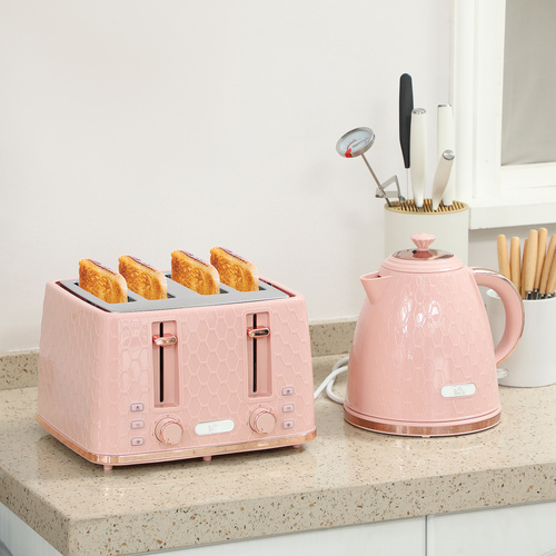 HOMCOM Kettle and Toaster Set, 1.7L 3000W Fast Boil Jug Kettle, 4 Slice Toaster with 7 Level Browning Controls, Light Pink