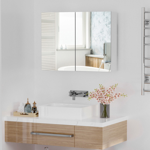 HOMCOM 80 x 15 cm Double Door Bathroom Mirror Cabinet - White