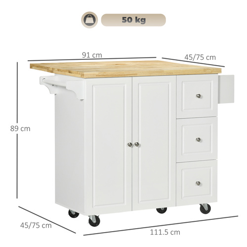 HOMCOM Kitchen Island on Wheels, Rolling Kitchen Storage Trolley with Drop Leaf, Drawers, Towel and Spice Rack, White