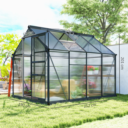Outsunny 6 x 8ft Polycarbonate Greenhouse, Large Walk-In Green House with Slide Door and Window, Garden Plants Grow House with Aluminium Frame and Foundation, Grey