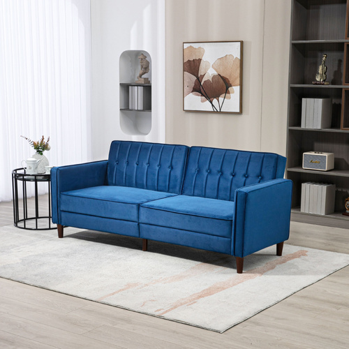HOMCOM Velvet-Feel Three-Seater Sofa Bed  with Adjustable Split Back - Blue