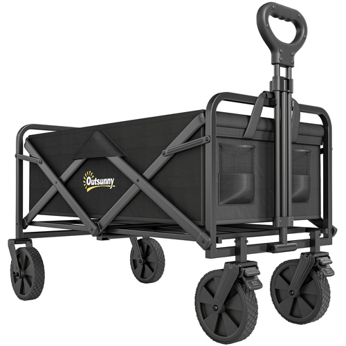 Outsunny Folding Steel Frame Garden Storage Cart, with Wheels and Handle - Black
