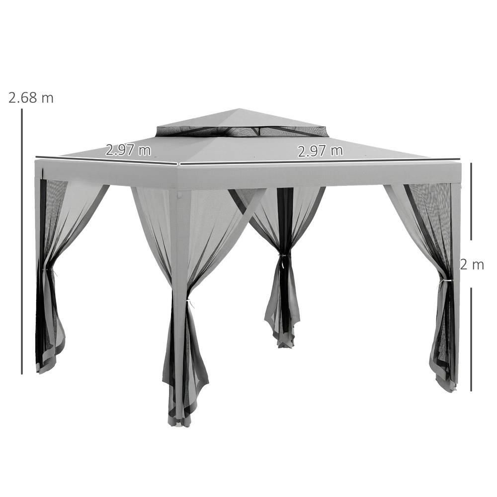 Outsunny 3 x 3 m Gazebo, Netting Party Tent, Patio Canopy Outdoor Event Shelter with Double Tier Roof, Light Grey