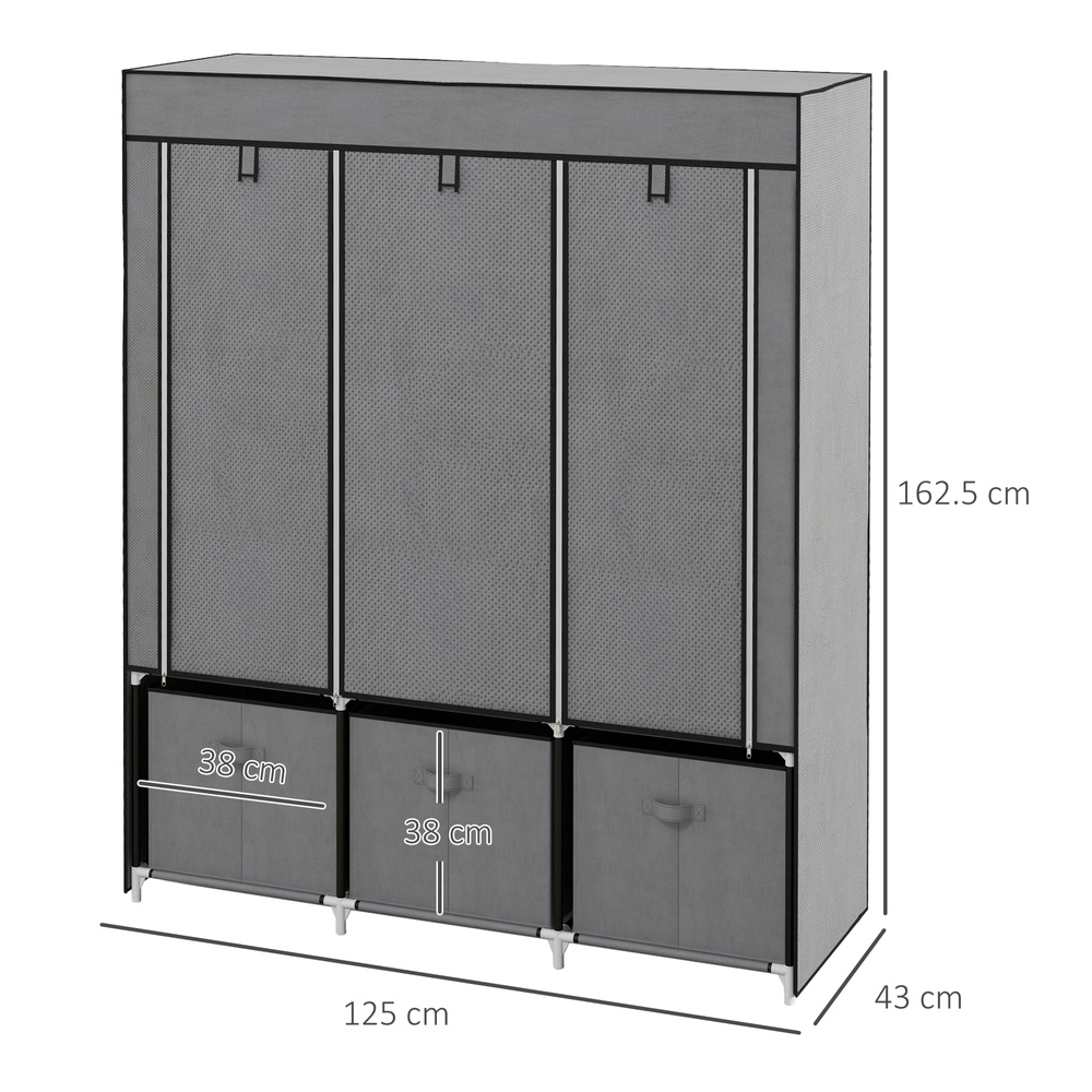 HOMCOM Foldable Fabric Wardrobe for Bedroom, Portable Wardrobe with 5 Shelves, 2 Hanging Rails and 3 Fabric Drawers, Dark Grey
