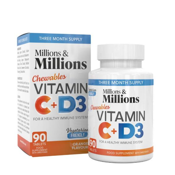 Millions & Millions Chewables Vitamin C+D3 with Orange Flavour for Immune System 90 Tablets