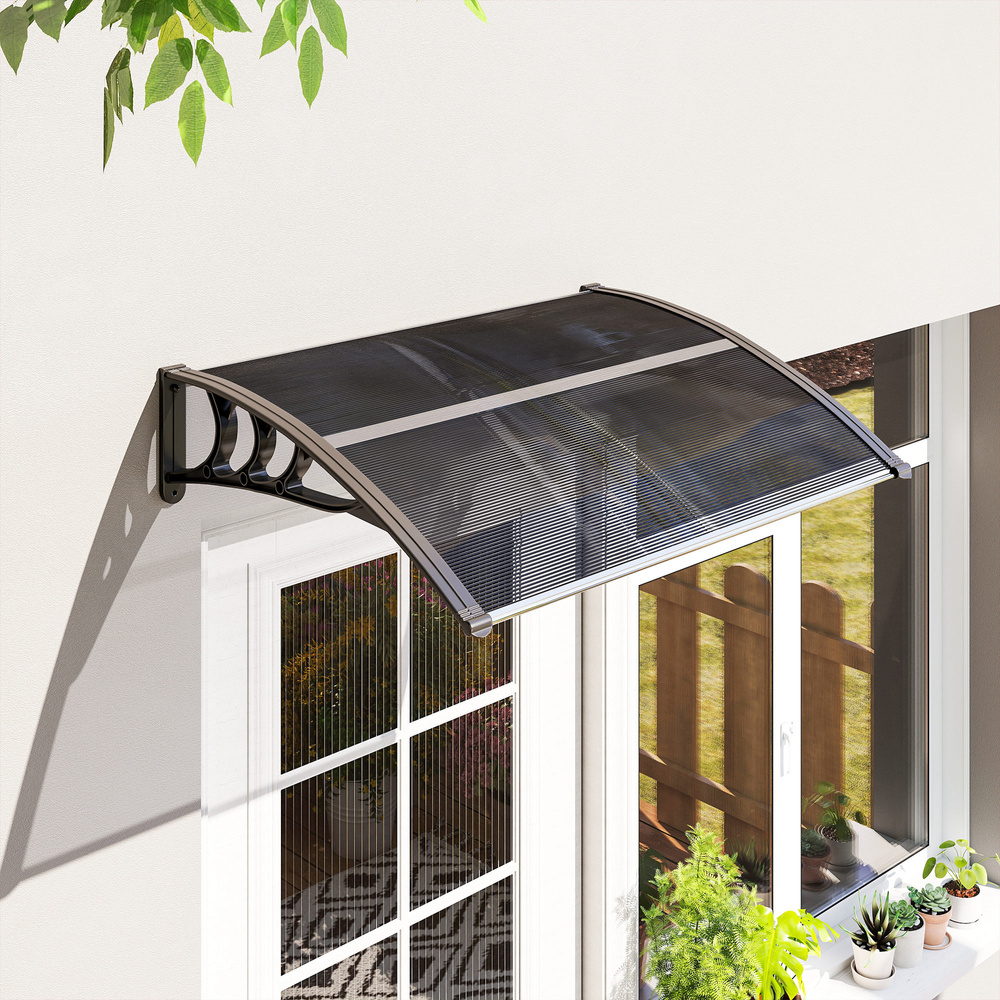 Outsunny Front Door Canopy Outdoor Awning Aluminium Rigid Plastic Polycarbonate Rain Shelter UV Water Rain Resistant 100 x 75cm Black