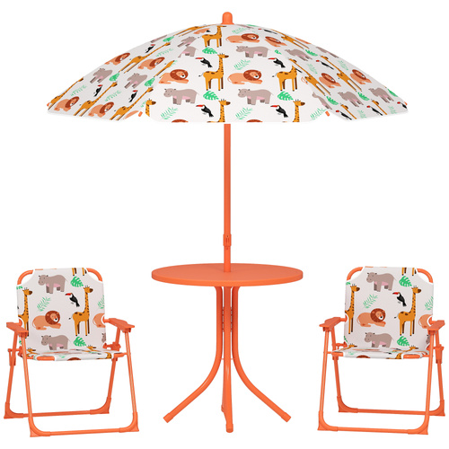 AIYAPLAY Kids Patio Set, Children Table and Chair Set, Outdoor Picnic Table with 2 Folding Chairs and Umbrella, Orange
