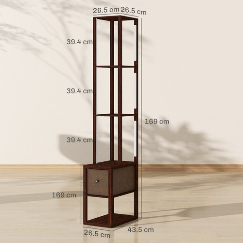 HOMCOM Floor Lamp with Shelves, LED Column Modern Standing Lamp with Fabric Drawer, Adjustable Brightness, Foot Switch for Living Room, Bedroom, Office, Dark Brown