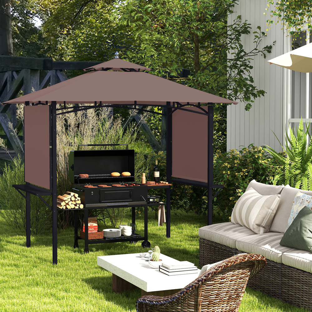 Outsunny 2.4 x 1.5 m (8' x 5') Grill Gazebo Canopy with Extendable Side Awnings, Outdoor BBQ Gazebo Shelter with 2 Side Shelves for Garden, Patio, Barbecue, Picnic, Coffee