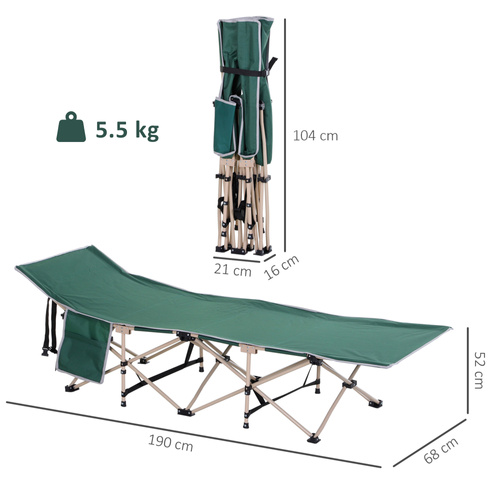Outsunny Single Person Camping Bed Folding Cot Outdoor Patio Portable Military Sleeping Bed Travel Guest Leisure Fishing with Side Pocket and Carry Bag - Green