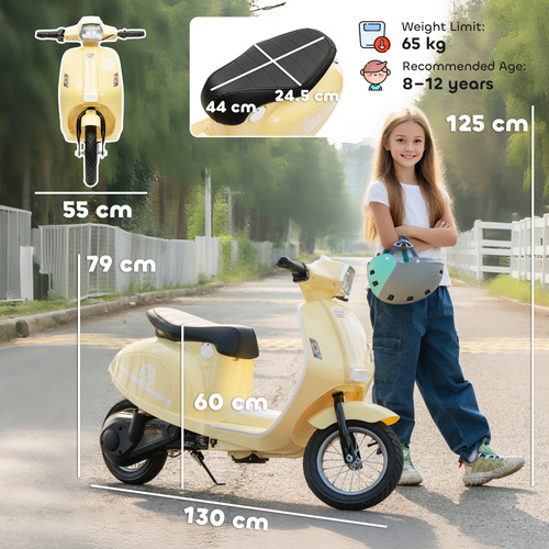 AIYAPLAY 24V Kids Electric Motorbike, Ride on Motorcycle with Manual Throttle, Brakes and LED Lights for Ages 8-12 Years, Beige