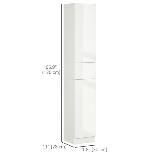 kleankin Luxury Tall Bathroom Cabinet with High Gloss Panel, Sleek White Bathroom Cabinet with Push-to-Open Door, White