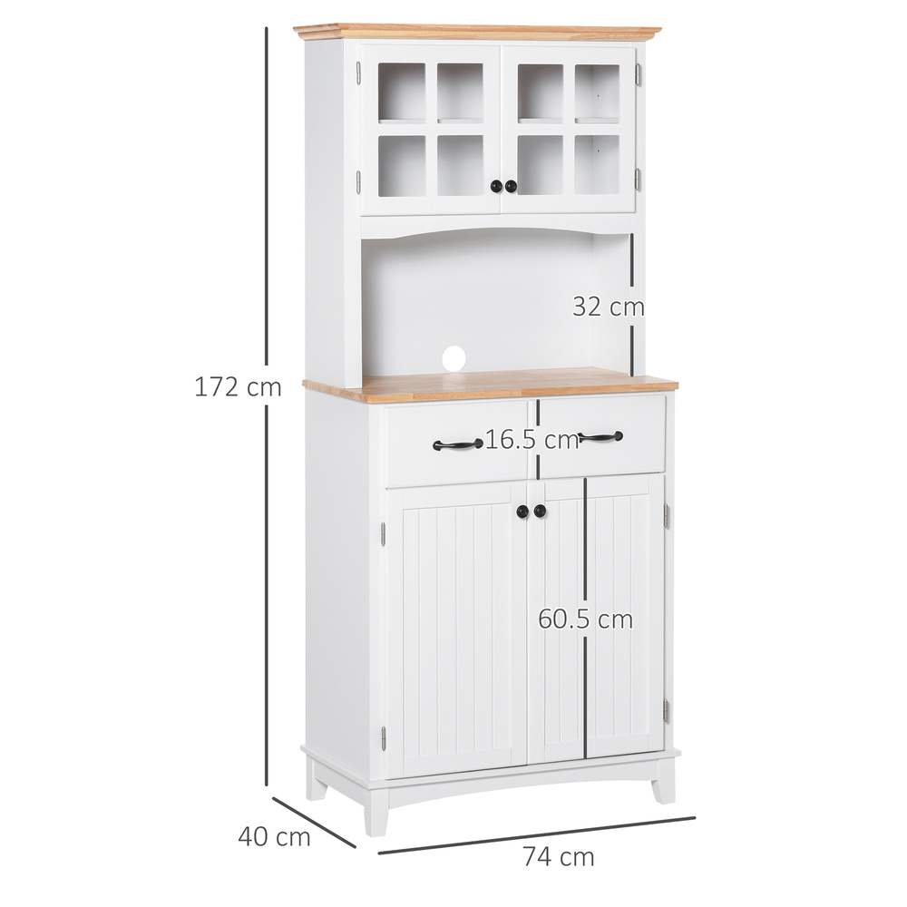 HOMCOM Freestanding Kitchen Cupboard, Kitchen Storage Cabinet with Framed Glass Doors, 2 Drawers, Microwave Counter, 172cm, White