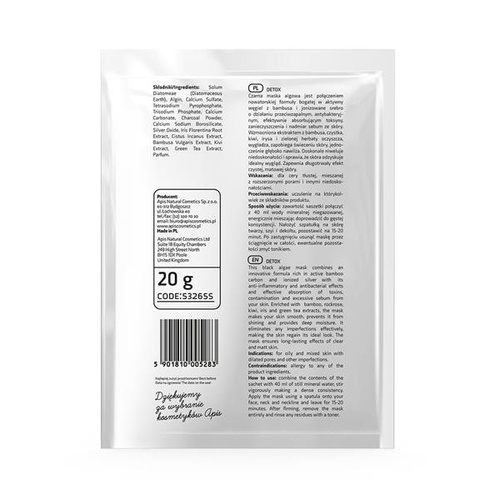 Apis Professional Detox Maska Algowa z Węglem i Jonizowanym Srebrem 20g
