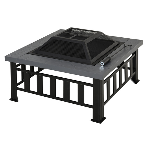 Outsunny Metal Large Firepit Outdoor Square Fire Pit Brazier with Rain Cover, Lid, Log Grate, Poker for Backyard, Camping, BBQ, Bonfire, Wood Burning Stove, 86 x 86 x 54cm, Black