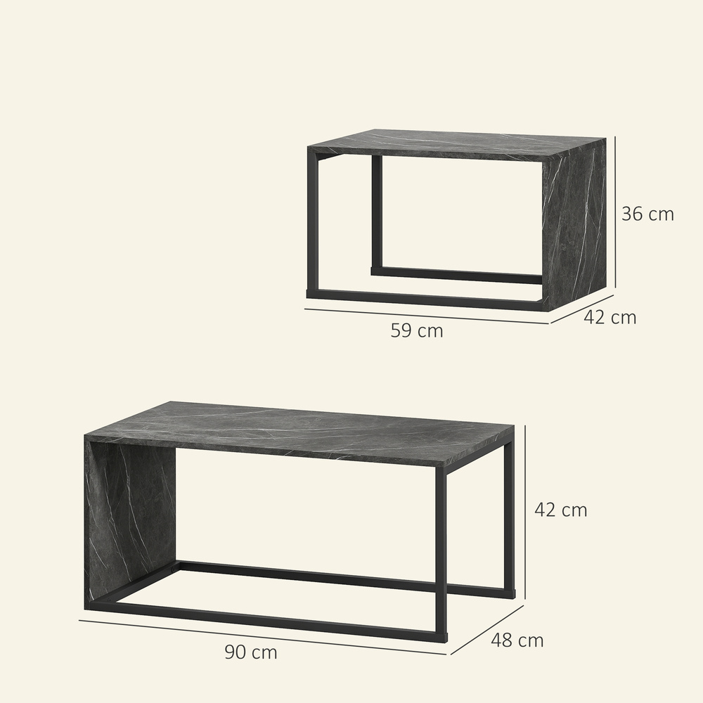 HOMCOM Nesting Coffee Table Set of 2, Industrial Stacking Side End Tables with Metal Frame for Living Room, Bedroom, Dark Grey Marble Effect