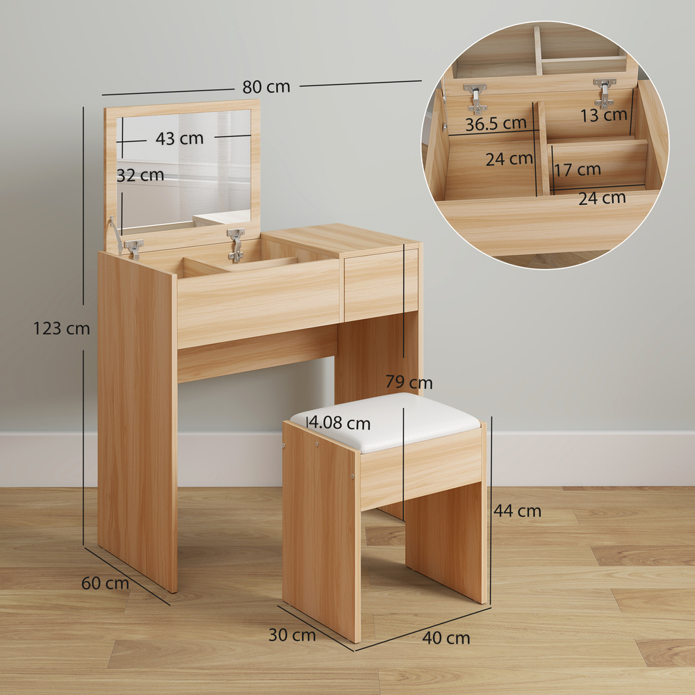 HOMCOM Dressing Table with Flip-Up Mirror and Cushioned Stool, Makeup Vanity Desk with Hidden Compartments and Storage Drawer, Convertible Writing Table for Bedroom, Natural