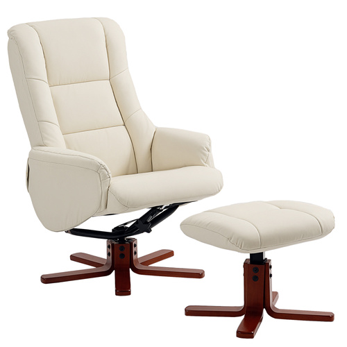 HOMCOM Rocking Recliner Chair with Footstool, PU Leather Recliner Armchair with Wood Base, Upholstered Reclining Chair for Living Room Bedroom, Cream