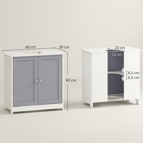 kleankin 60x60cm Under-Sink Storage Cabinet w/ Adjustable Shelf Handles Drain Hole Bathroom Cabinet Space Saver Organizer White and Grey