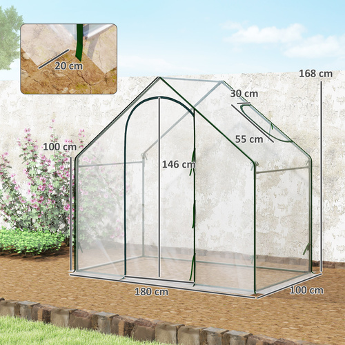 Outsunny Walk In Tomato Greenhouse Garden Outdoor Mini Greenhouse Flower Planter Steel Frame with Zipped Door & Window, PVC Cover, 180 x 100 x 168CM, Clear