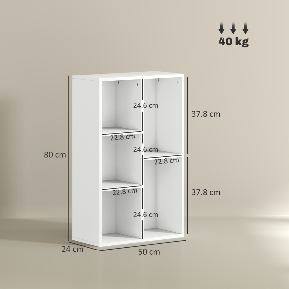 HOMCOM 2-Tier Bookshelf with 5 Compartments - White