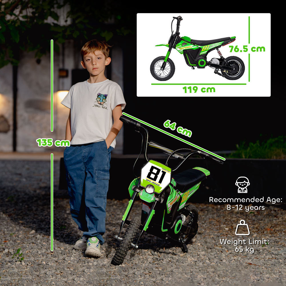 AIYAPLAY Kids Electric Motorbike, 24V Ride On Motorcycle with 3 Speeds and Rear Suspension, Dirt Bike for 8-12 Years Old, Green