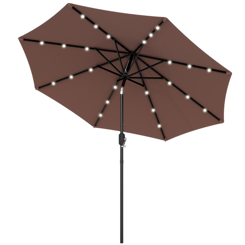Outsunny Φ2.7m Garden 24 LED Light Parasol Solar Outdoor Tilt Sun Umbrella Patio Club Party Event Manual Sun Shade w/ Hand Crank and 8 Ribs, Brown