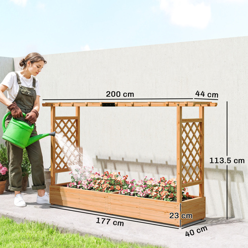 Outsunny Raised Planter with Trellis, Wooden Raised Bed for Garden with Hanging Roof and Drainage Holes, Outdoor Planter Box