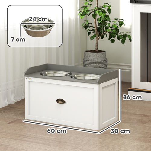 PawHut Stainless Steel Raised Dog Bowls, with 21L Storage Drawer for Large Dogs and Cats - White